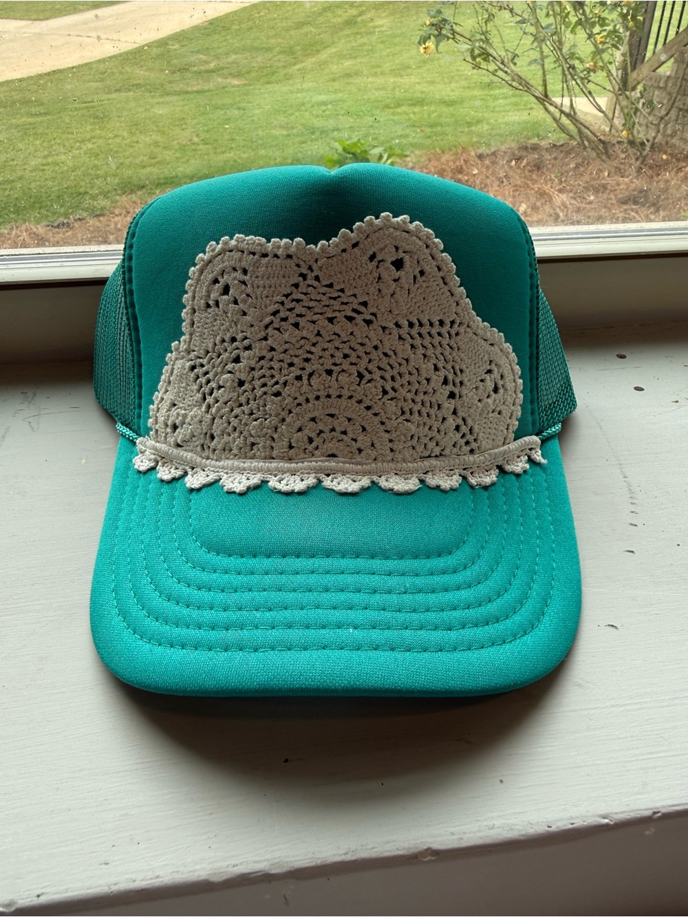 Teal Doily Trucker hat